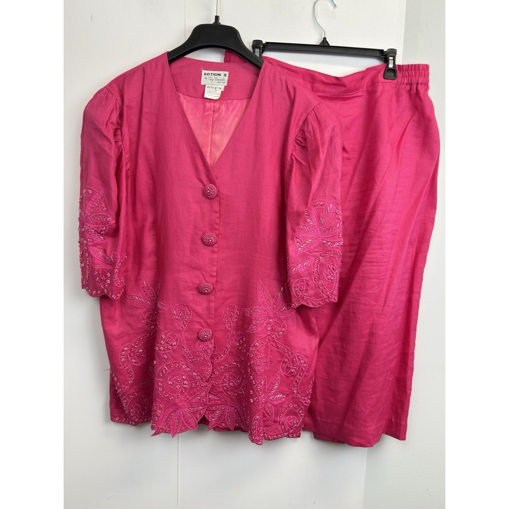 Vintage Action I Jay Daniels Skirt Set Sz 18 Pink Beaded Lined Short Sleeve